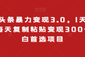 今日头条暴力变现3.0，1天必起号，每天复制粘贴变现300+，小白首选项目