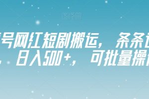 视频号网红短剧搬运，条条过原创，日入500+，可批量操作