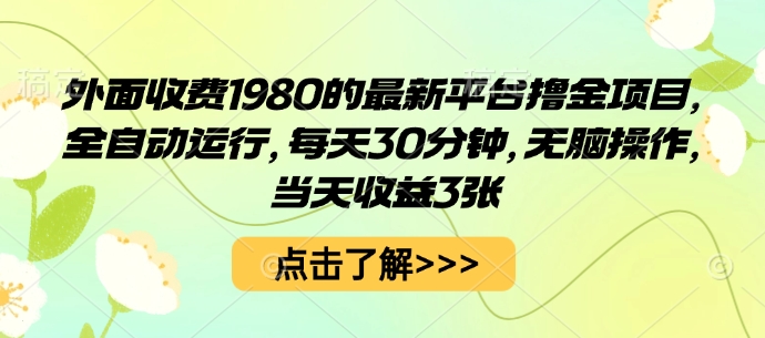 外面收费1980的最新平台撸金项目，全自动运行，每天30分钟，无脑操作，当天收益300+