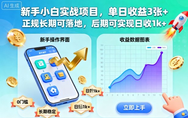 新手小白实战项目，单日收益300+，正规长期可落地，后期可实现日收1k+