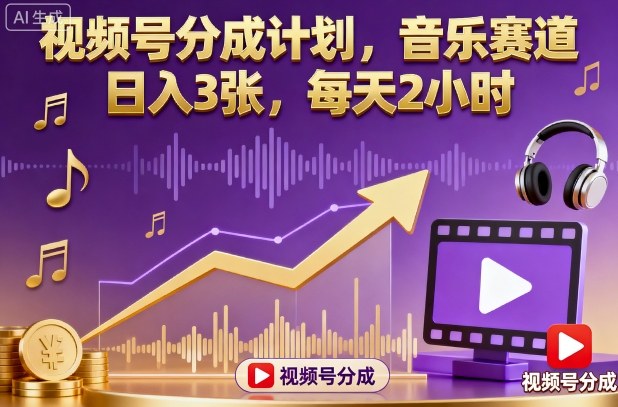 视频号分成计划，音乐赛道，日入300+，每天2小时
