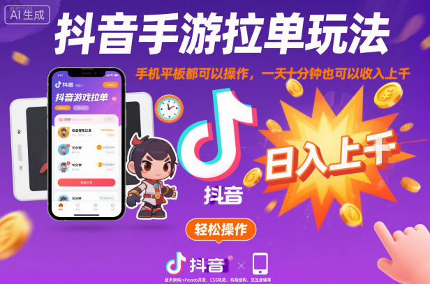 抖音手游拉单玩法，手机平板都可以操作，一天十分钟也可以收入上千